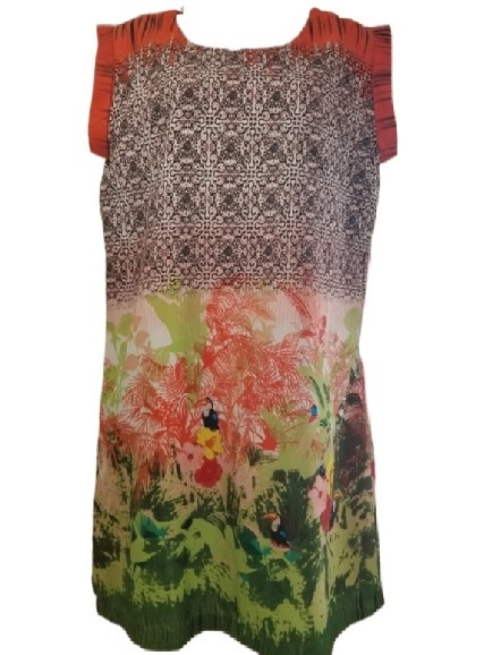 Maison Coupe Tropical Print Sleeveless Shift Dress in Coral, Green, Black Size L